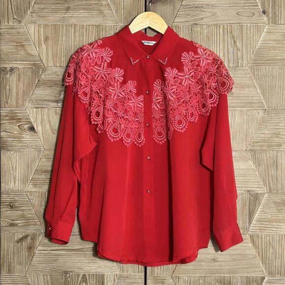 Tops - Judy Fashions Women Red Long Sleeve Blouse Size M/L Western Vintage Retro